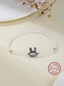 1pc 925 Sterling Silver Elastic Bracelet With White Crystal & Gemstone Black Disc Shell & Three-dimensional Rabbit Head, Sweet And Unique Design - White Crystal - View 1