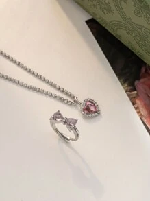 1 Đèn Sang Trọng Ngọt Ngào & Mát Mẻ 3D Hình Trái Tim Đính Đá Cubic Zirconia Vòng Cổ, Vòng Tay Đeo Hàng Ngày Cho Nữ Cho Lễ Hội Qixi - Hồng - Xem 3