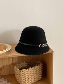 1 件女士复古优雅羊毛混纺针织渔夫渔夫帽，配皮带扣，适合日常佩戴、周末聚会、送给女朋友的礼物、圣诞节礼物 - 黑色 - 查看 3