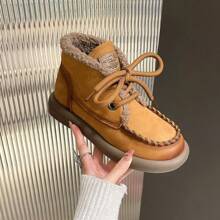 女士復古風格摩托車靴,2023年秋冬新品,英倫風格,保暖短靴,時尚休閒百搭雪地靴 - 薑色 - 查看 1