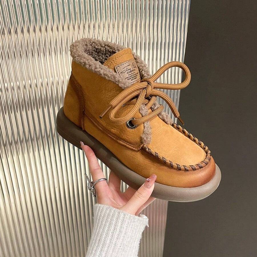女士復古風格摩托車靴,2023年秋冬新品,英倫風格,保暖短靴,時尚休閒百搭雪地靴 - 薑色 - 查看 1