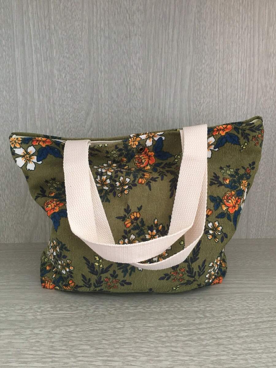 1 件女士女孩工作包手提包灯芯绒日常小绿花灯芯绒蓝色雏菊便携式灯芯绒红玫瑰便携式灯芯绒