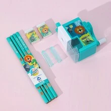 1 盒(9 件)創意卡通主題文具套裝禮盒,包括(1 個削鉛筆機、4 個打孔筆、2 個橡皮擦、2 個筆蓋)