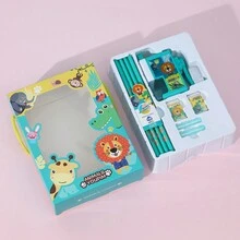 1 盒(9 件)創意卡通主題文具套裝禮盒,包括(1 個削鉛筆機、4 個打孔筆、2 個橡皮擦、2 個筆蓋)