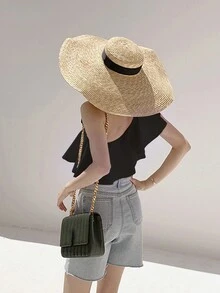 1pc Women's Ruffled Shoulder One-Piece Swimsuit, Sexy Slimming Cute For Beach, Hot Spring, Pool Party, Solid Color