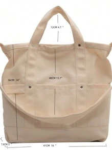 單色大容量帆布肩袋,斜跨肩背袋,可摺疊便攜 - 米色 - 查看 3