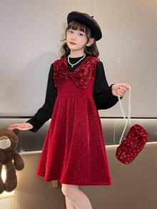Girls' Red Dress With Bag, For Autumn And Winter - Red and Black - View 7