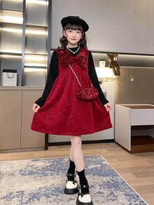 Girls' Red Dress With Bag, For Autumn And Winter - Red and Black - View 6