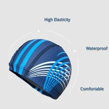 1 pièce Bonnet de bain professionnel imperméable en PU, design imprimé élégant, épais, doux, confortable et antidérapant. Équipement de sport de natation, accessoires de plage, flotteur de piscine - Bleu marine - Voir 3