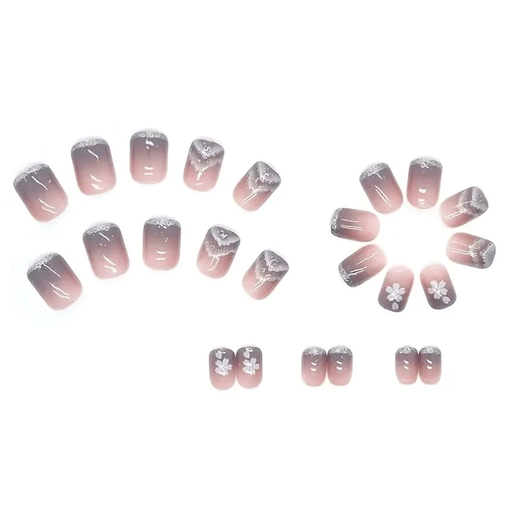 24 Piezas Uñas Postizas Cortas Ovales De Acrílico Con Diseños De Flores Degradadas En Azul, Incluye Pegamento Y Gel - Para Mujeres Y Niñas - Multicolor - Añade 3