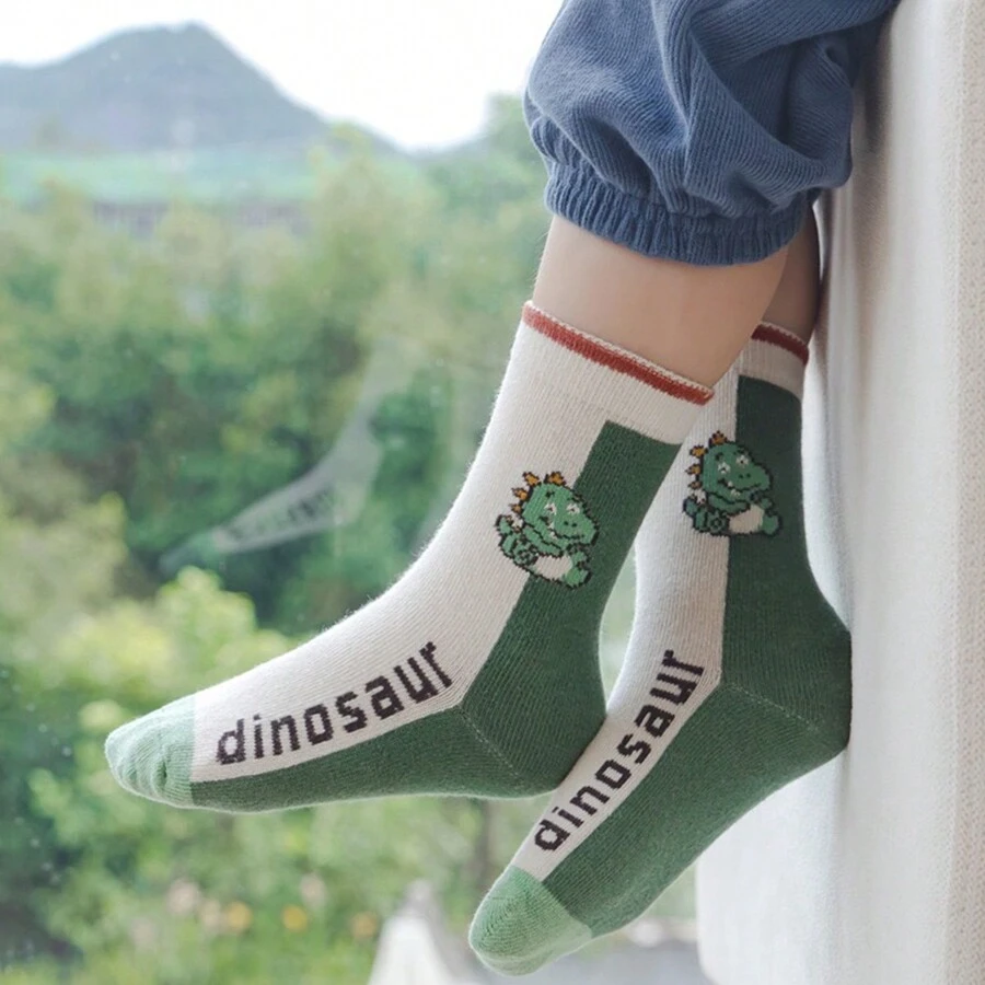 5雙秋冬中筒動漫寬口松緊襪,適用於男女童