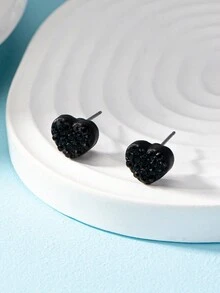 1pair Gorgeous Women's Heart Shaped Metal Stud Earrings With Red Drills & Black Enamel - Black - View 9
