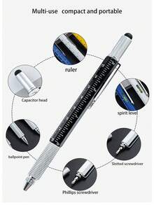 Pluma De Herramienta Multifuncional Para Exteriores Con Nivel De Burbuja, Regla, Pluma De Pantalla Táctil, Destornillador De Cabeza Cruzada / Plana Y Bolígrafo - Plateado - Ver 2