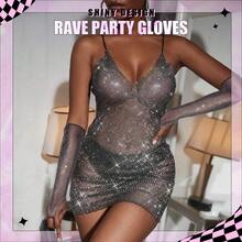 Victray Rhinestone Fingerless Gloves Stretchy Fishnet Gloves Sparkle Long Gloves Party Rave Costume Gloves For Women And Girls - 黑色 - 查看 7