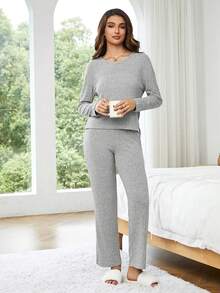 Ribbed Long Sleeve Top And Pants Set - Light Grey - View 4