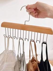 1 件仿古原木色木衣架,帶 8 個掛鉤,多功能內衣收納空間節省收納盒,適合家庭、宿舍、天然木質材料、掛衣桿、波浪衣架