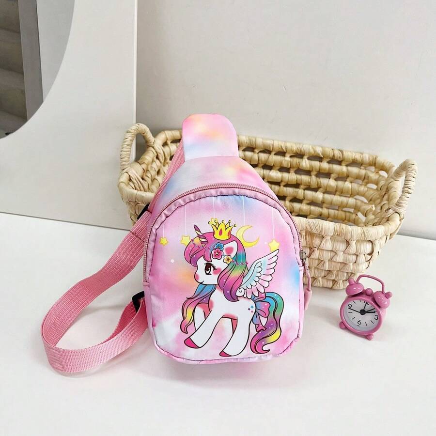 1件少女印花馬紋胸包/斜挎包/零錢包,拉鍊設計,四季適用 - 粉色 - 查看 1