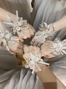 4er Set eleganter französischer silbergrauer Handgelenk-Corsage für Brautjungfern, koreanischer Stil Hochzeit Braut Kristall Handgelenk Blume Hochzeitsaccessoires