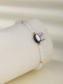 1pc 925 Sterling Silver Elastic Bracelet With White Crystal & Gemstone Black Disc Shell & Three-dimensional Rabbit Head, Sweet And Unique Design - White Crystal - View 3
