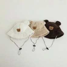 兒童冬季卡通熊厚桶帽，男女孩暖和的毛絨盆帽