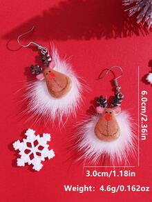 1對可愛卡通聖誕鹿毛絨掛耳環,女士節慶派對珠寶飾品