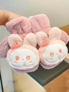 1pc Autumn And Winter New Cartoon Plush Gloves For Children, With Flap Design For Warmth And Cold Protection - Pink - View 1