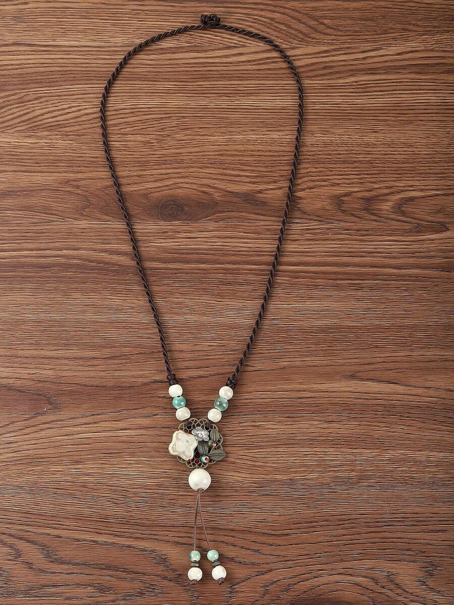 White Ceramic Beaded Necklace With Flower Detail - Multicolor - View 1