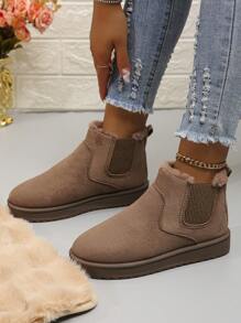 冬季女式雪地靴保暖内衬保暖时尚舒适短靴平底学生靴 - 卡其色 - 查看 2