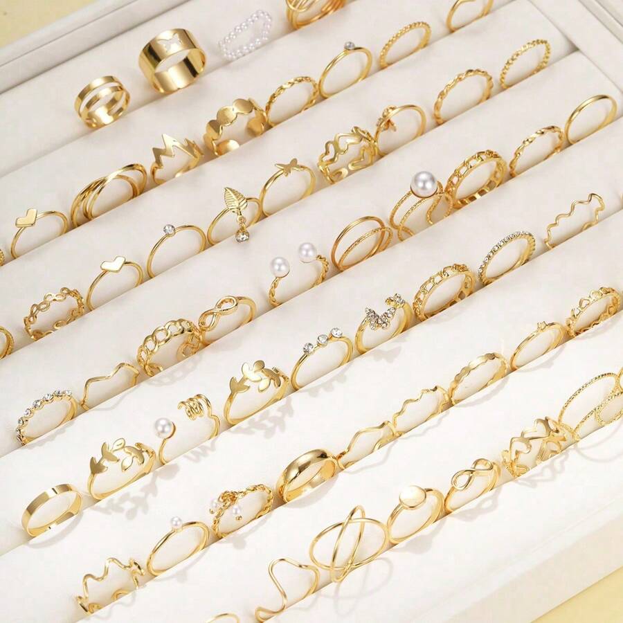 17KM 64pcs Simple Heart, Butterfly, Faux Pearl & Rhinestone Decor Ring Set For Women, Ideal For Vacation, Dating And Daily Wear (Box Not Included)