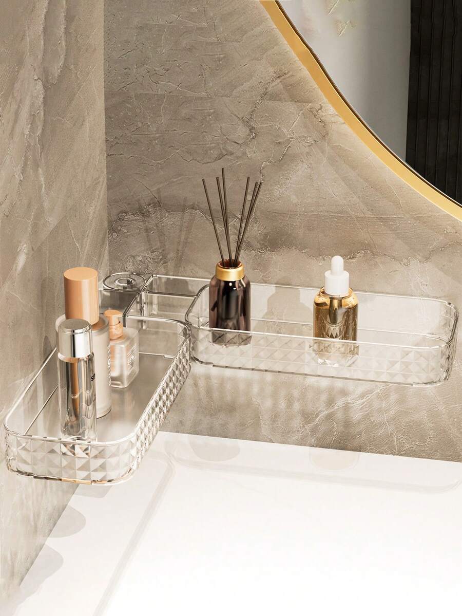 1pc Luxury Plastic Rotatable Folding Storage Rack With No-Drill U-Shaped Design And Diamond Pattern, For Bathroom Washstand - Clear - View 1