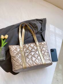 實色十字綉細節女士肩拖兩用袋,適用於旅行、休閑、通勤