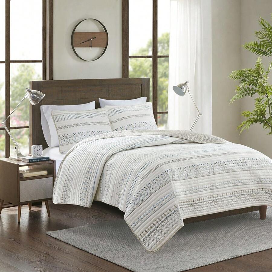3 Piece Printed Microfiber Seersucker Quilt Set - Màu nâu sẫm/Xanh lam - Xem 1