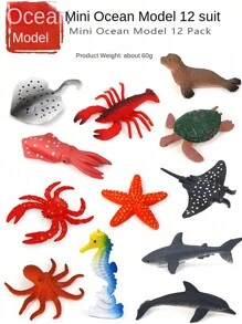 12入組迷你海洋動物模型玩具-海星、魟魚、龍蝦、海龜、鯊魚、章魚、魷魚、海馬-塑料海洋套裝可攜玩具,適合兒童 - 彩色 - 查看 1