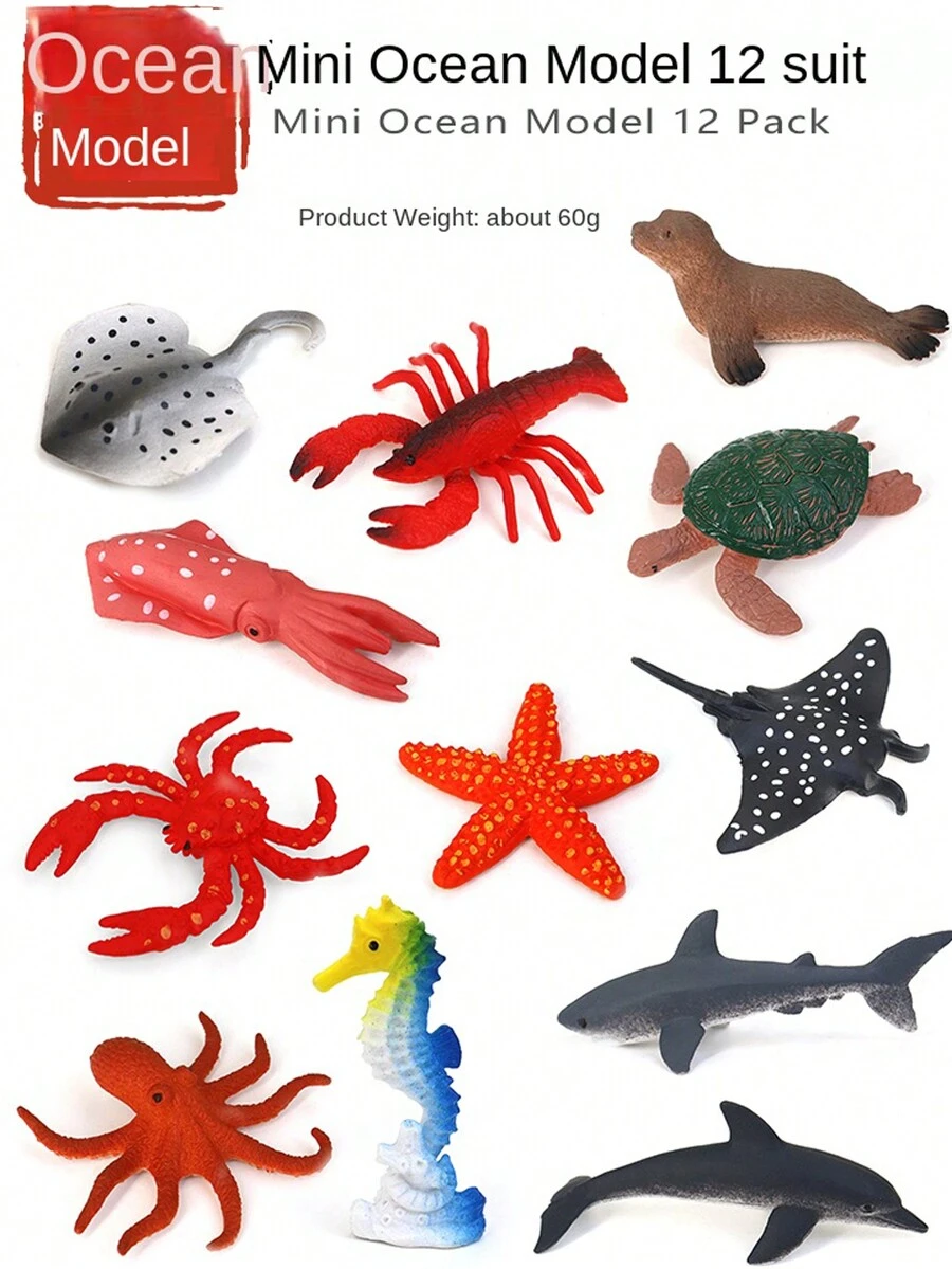 12入組迷你海洋動物模型玩具-海星、魟魚、龍蝦、海龜、鯊魚、章魚、魷魚、海馬-塑料海洋套裝可攜玩具,適合兒童 - 彩色 - 查看 1