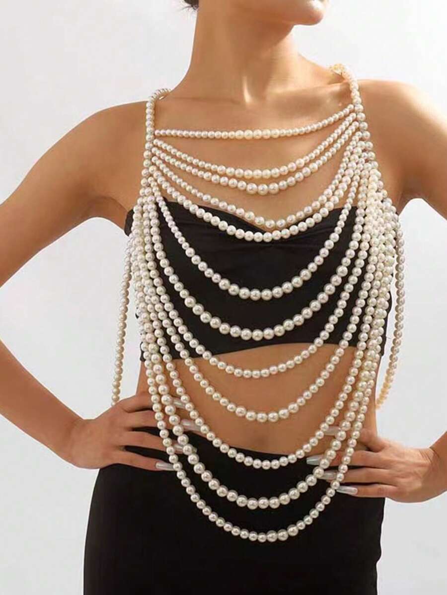 1pc European And American Style Fashionable And Exaggerated Hand-Knitted Faux Pearl Body Chain Shawl - White - View 1