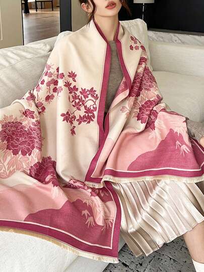 FADZOYLE 1條粉紅色女士圍巾,羊絨手感色彩長款披巾,流蘇印花圖案保暖柔軟羊毛時尚大型披肩,適用於秋冬日常晚裝,旅行辦公室冬季婚禮和禮物優雅