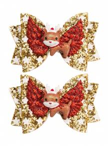 2件套女童/女婴金色圣诞发饰 - 3英寸闪亮皮革蝴蝶结和驯鹿装饰可爱发夹，适合刘海和日常佩戴
