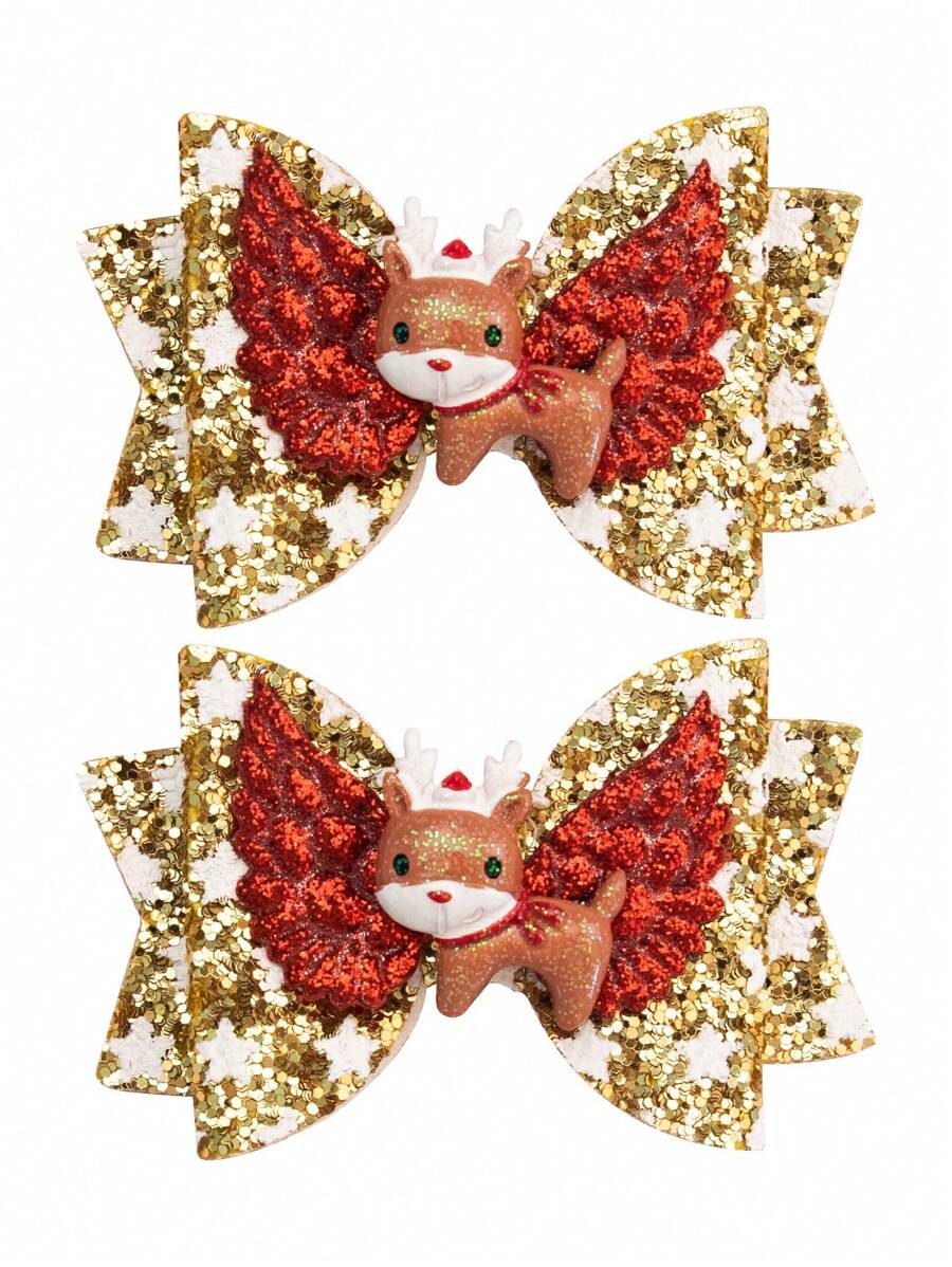 2件套女童/女婴金色圣诞发饰 - 3英寸闪亮皮革蝴蝶结和驯鹿装饰可爱发夹，适合刘海和日常佩戴