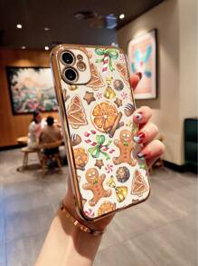 1pc Simple Gingerbread Man And Chocolate Pattern Laser Carved Electroplated Phone Case With Christmas Atmosphere, Compatible With Iphone - Multicolor - View 2
