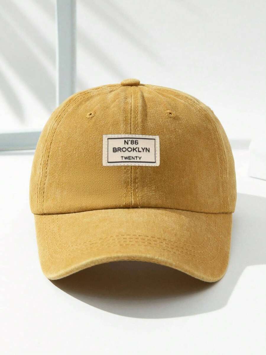 1件中性戶外時尚可調節洗水棉運動棒球帽，配淺灰色布料貼片，休閒風格 - 黃色 - 查看 1