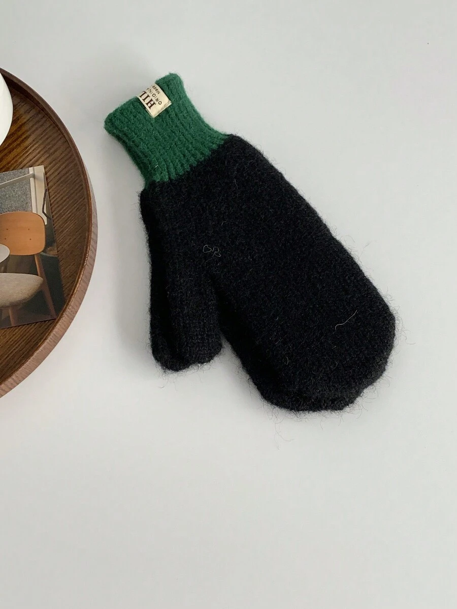 1 đôi găng tay len ấm áp phối màu dài ngón cho các cặp đôi, găng tay len mùa đông unisex cho học sinh. - màu đen - Xem 1