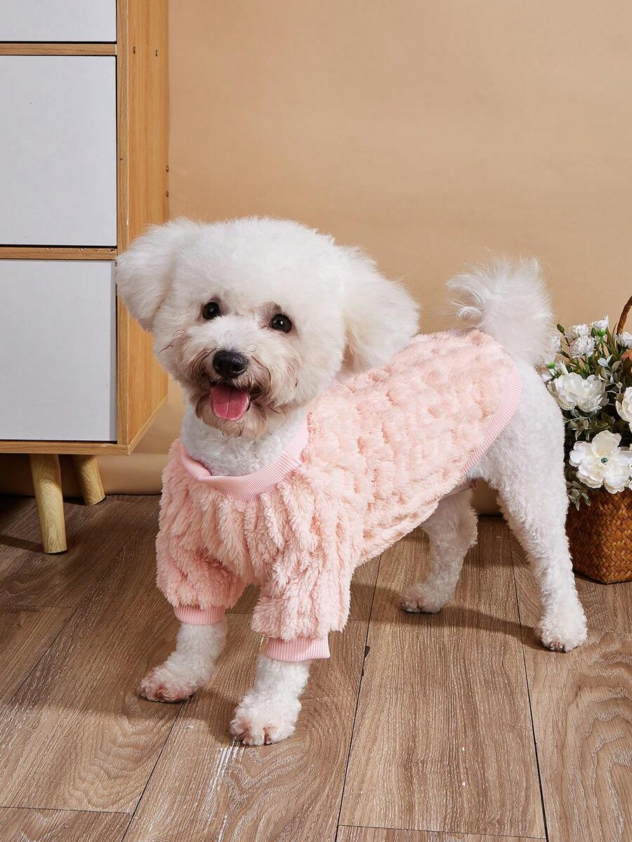 1 件粉紅色毛絨秋冬寵物連帽衫,適合狗和貓,保暖透氣休閒寵物衣服