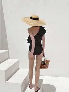 1pc Women's Ruffled Shoulder One-Piece Swimsuit, Sexy Slimming Cute For Beach, Hot Spring, Pool Party, Solid Color