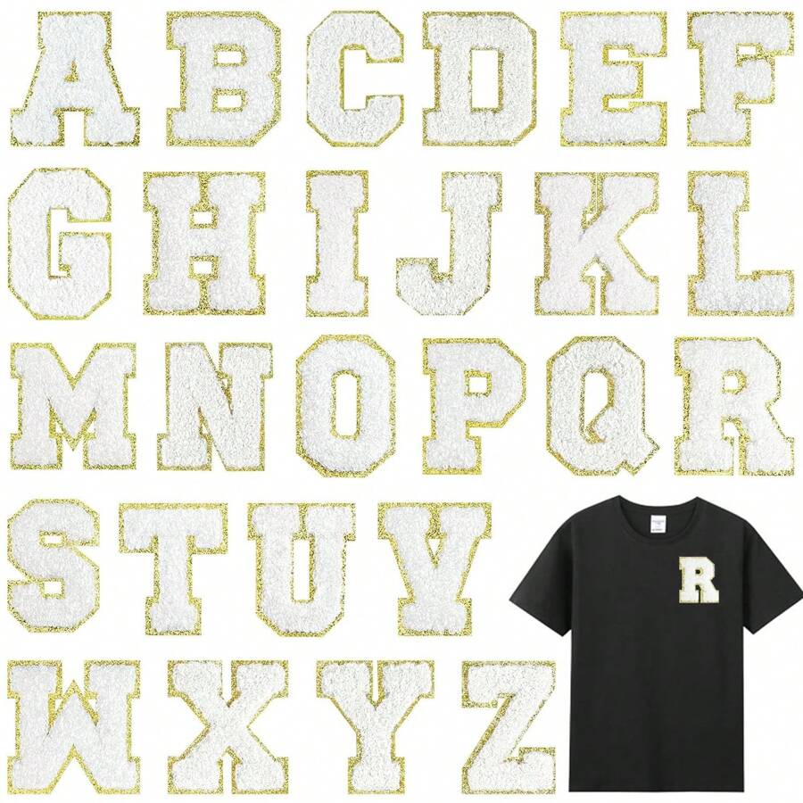 1 Pc Letter Number Patches Glitters Chenille, Iron On Letter A-Z Patch, Iron On Number 0-9 Patch, Decorative Repair Embroidered Patches Personalized Sew On Patches For Clothing Repairing Hats Shirts Shoes Jeans Bags, Alphabet Cloth Patch For Team Costume Decoration (White&Gold)