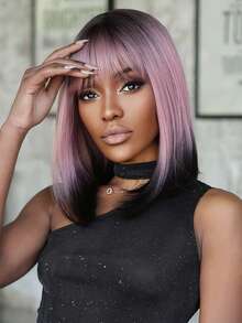 16英寸紫粉漸變黑色短直合成假髮,帶彈性燙假髮毛短髮前瀏海,適合女性日常cosplay派對 - 彩色 - 查看 5