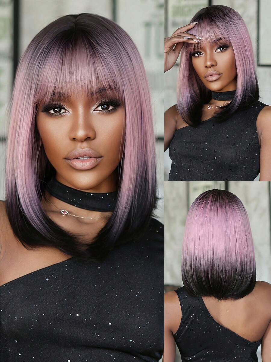16英寸紫粉漸變黑色短直合成假髮,帶彈性燙假髮毛短髮前瀏海,適合女性日常cosplay派對