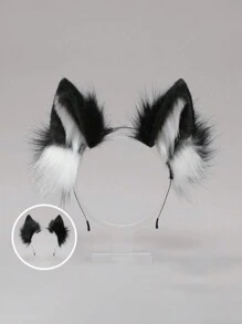 1pc猫耳朵发箍猫耳朵（馒头猫耳形面包）Cosplay狼耳朵头饰狼尾巴狼朋友毛绒仿动物耳朵配饰 - 黑與白 - 查看 1