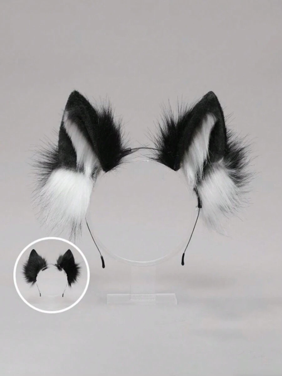 1pc猫耳朵发箍猫耳朵（馒头猫耳形面包）Cosplay狼耳朵头饰狼尾巴狼朋友毛绒仿动物耳朵配饰 - 黑與白 - 查看 1