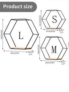 1只六角形牆掛架,可用於玩具、盆栽、書籍、手機充電底座等家庭裝飾,由鐵和木材製成