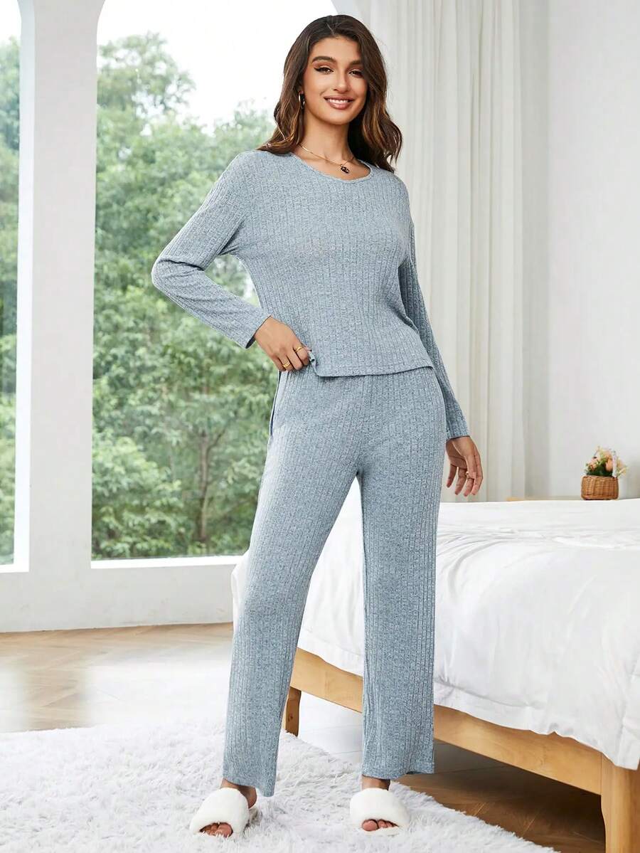 Ribbed Long Sleeve Lounge Sets - Baby Blue - View 1